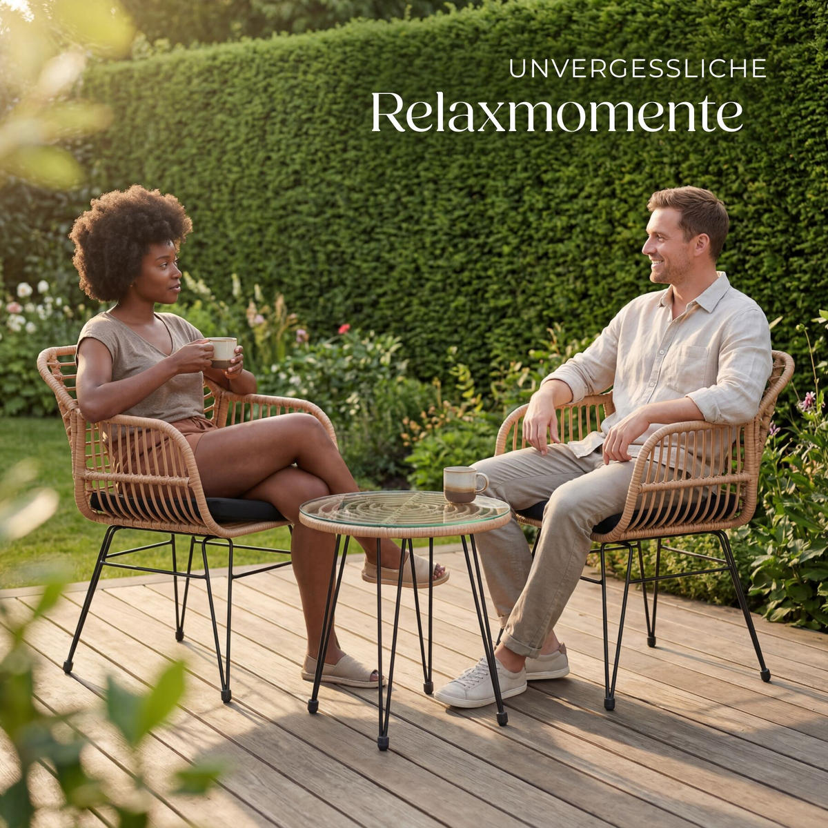 RATTAN-SITZGRUPPE Molfetta 2er Set, UV-beständig, Polyrattan Stahl, natur, 2 Stühle 58x64,5x86,5 cm, Tisch 51x55,5 cm, wasserabweisend - Naturfarben, Kunststoff - tectake