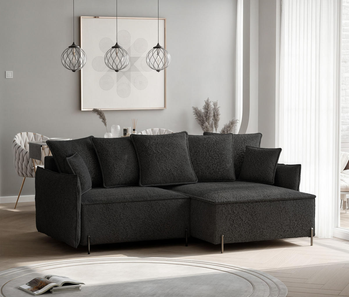 ECKSOFA MARCO Rechts, mit Schlaffunktion und Bettkasten, Anthrazit - Anthrazit, Textil/Metall (221/148cm) - Idohome