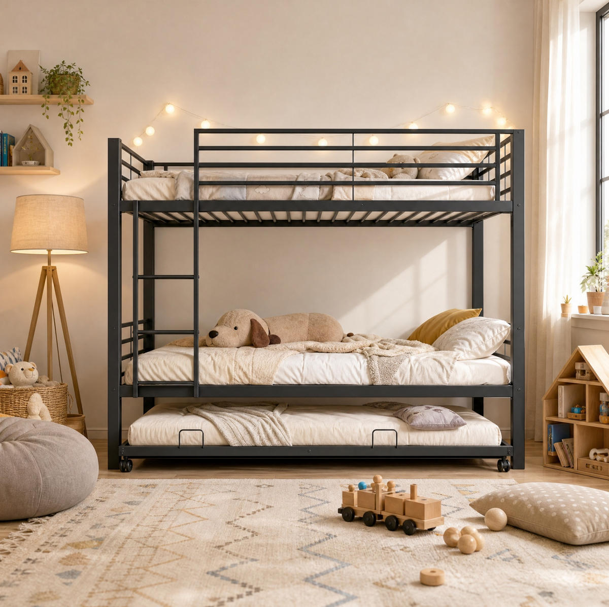 ETAGENBETT 90/200 cm in Schwarz aus Metall mit Bett für 3 Schlafplätze - Schwarz, Metall (90/200cm) - Flora Grace