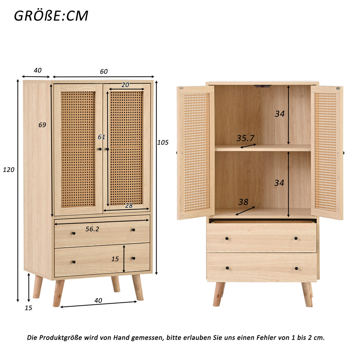 SIDEBOARD 60/40/120 cm in Eiche mit 2 Türen und 2 Schubladen - Eichefarben, Holzwerkstoff (60/120/40cm) - Flora Grace
