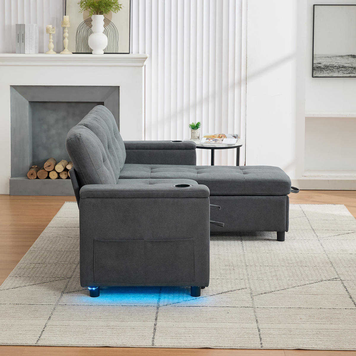 ECKSOFA L-Form Schlafsofa Stauraum LED 3-Sitzer Grau 208cm - Grau, Textil (208/146cm) - FLIEKS
