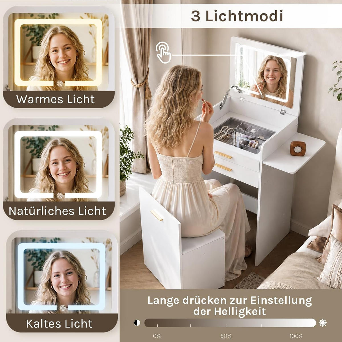 SCHMINKTISCH mit LED, klappbarer Spiegel, Hocker, Weiß - Weiß, Glas/Holz (50/87.2/40cm) - Woltu