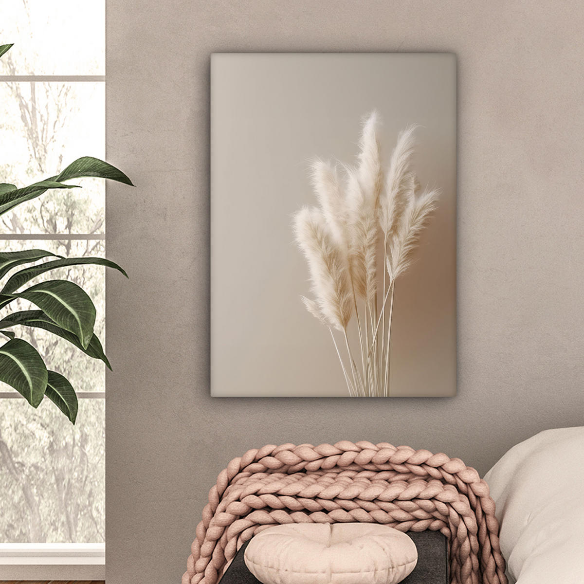 OBRAZ NA PLÁTNĚ Pampová tráva - Plumes - Pastelová - Bílá 60x80 cm - přírodní, textil (60/80cm) - MuchoWow