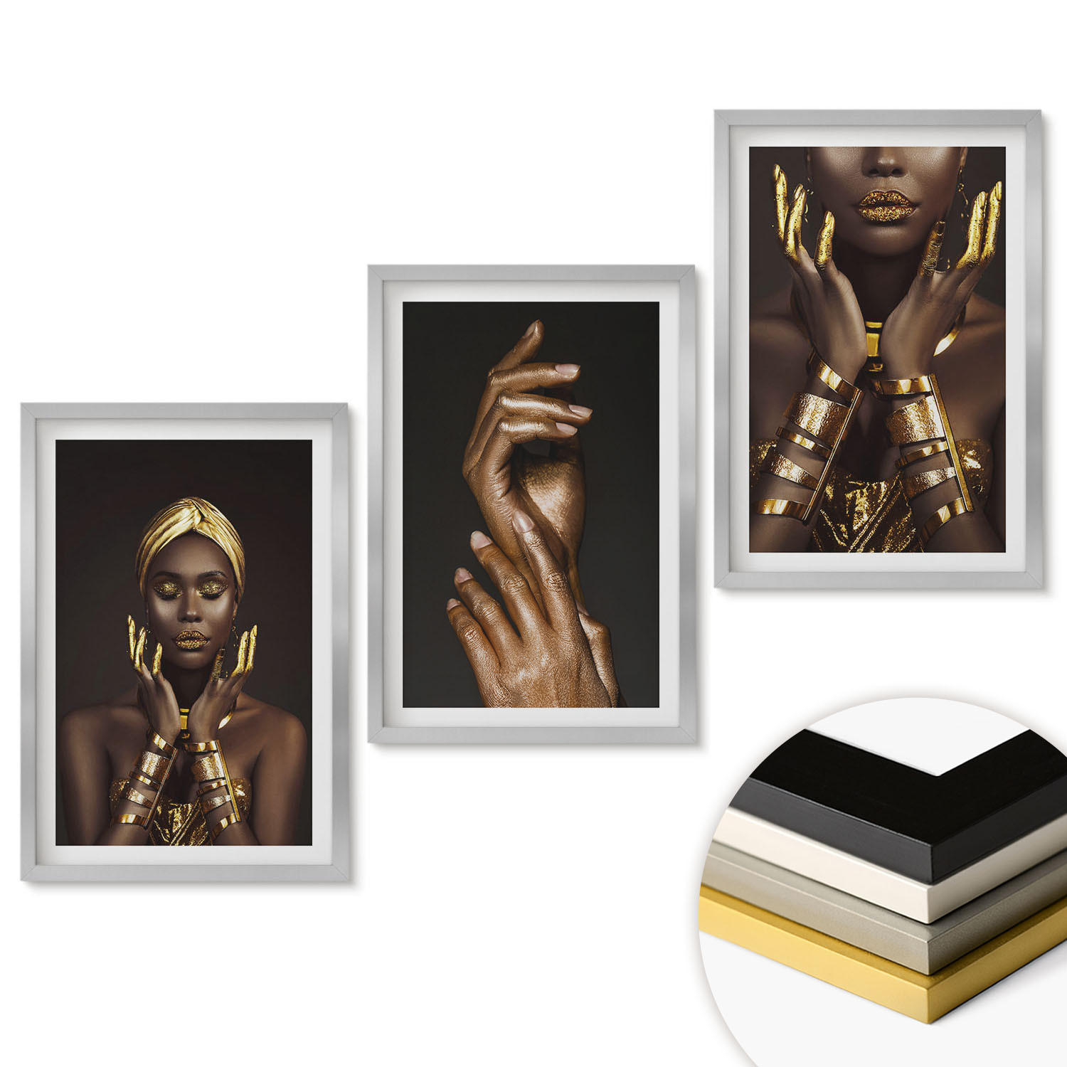 WANDBILDER 3er Set - 40x60 cm Silberner Rahmen - Porträts afrikanischer Frauen - Silberfarben, Kunststoff (40/60cm) - ArtPrintCave