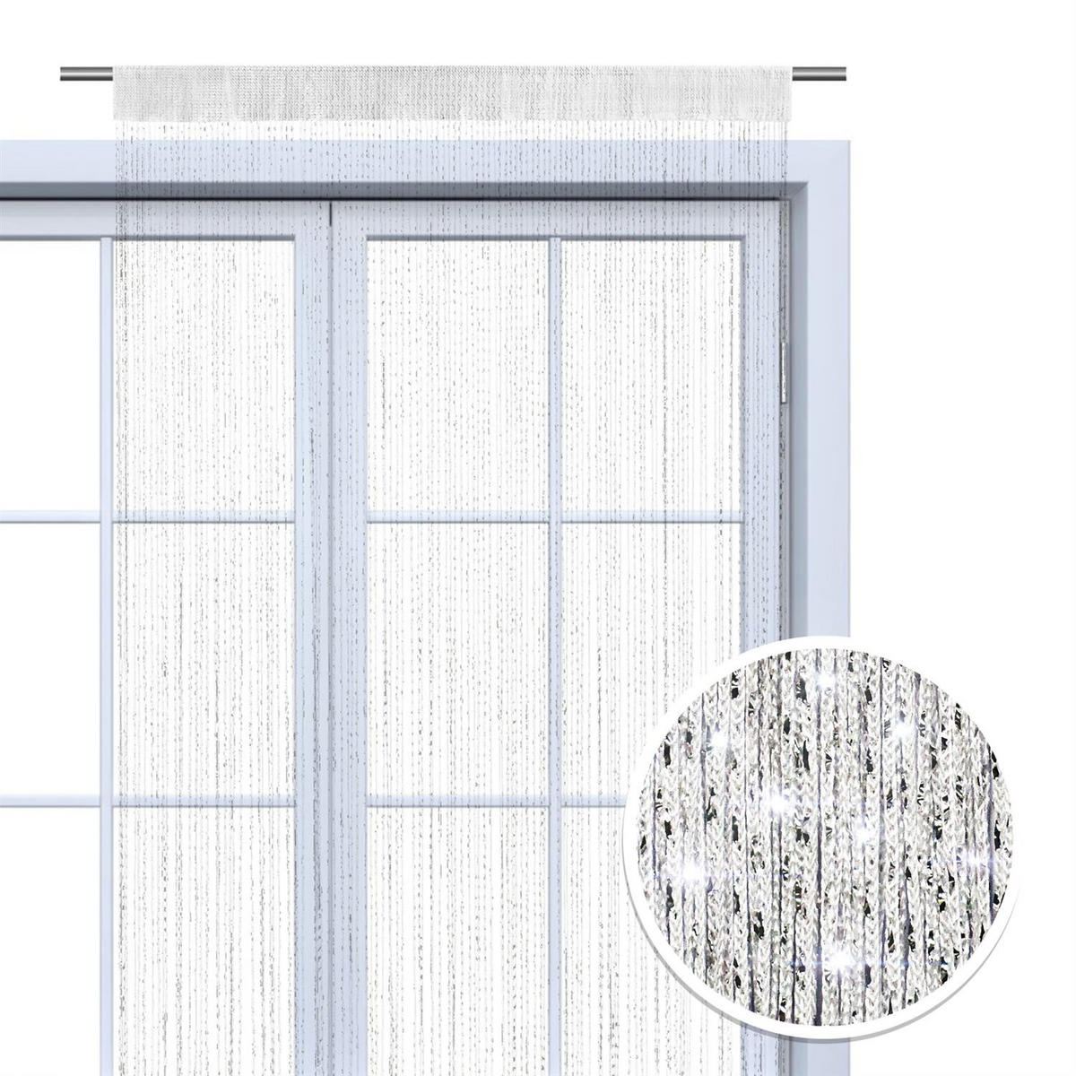 FADENVORHANG Lurex weiß/silber 245/90 cm Glitzer-Effekt Stangendurchzug kürzbar - Weiß, Textil (90/245/1cm) - wometo