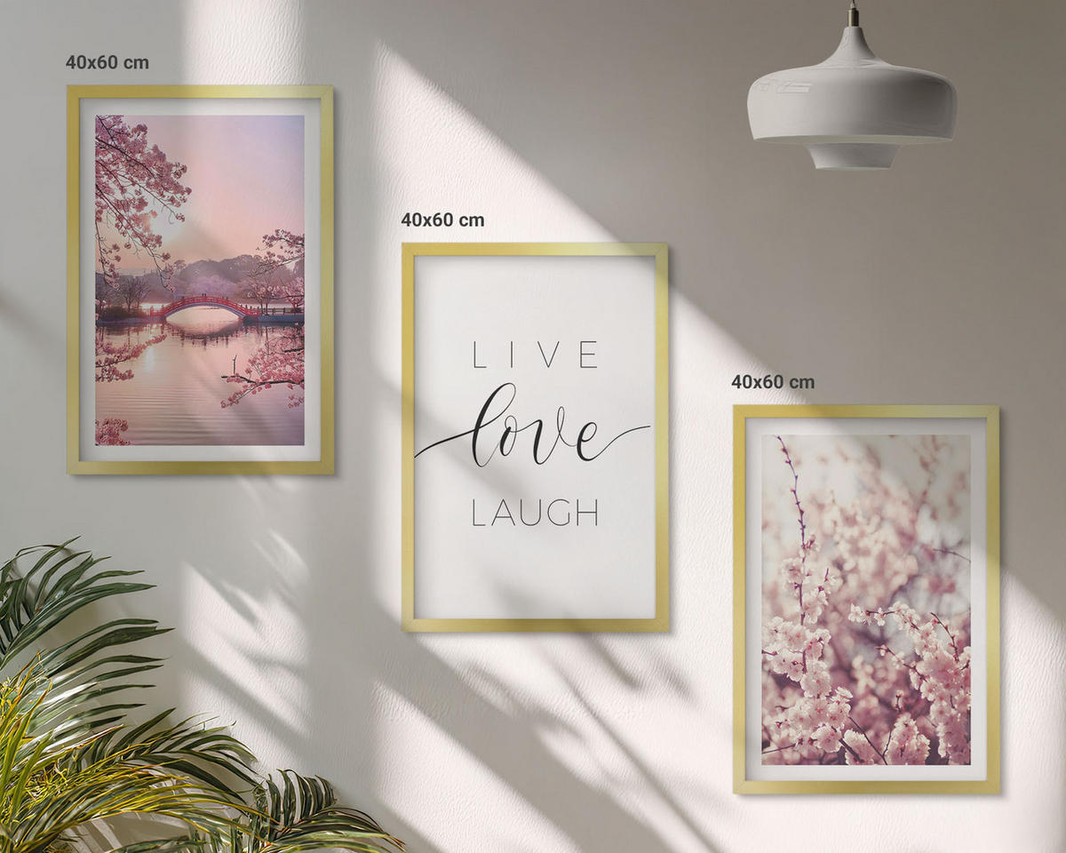 WANDBILDER 3er Set - 40x60 cm Goldrahmen - Blumenbrücken-Inschriftenmotiv - Goldfarben, Kunststoff (40/60cm) - ArtPrintCave