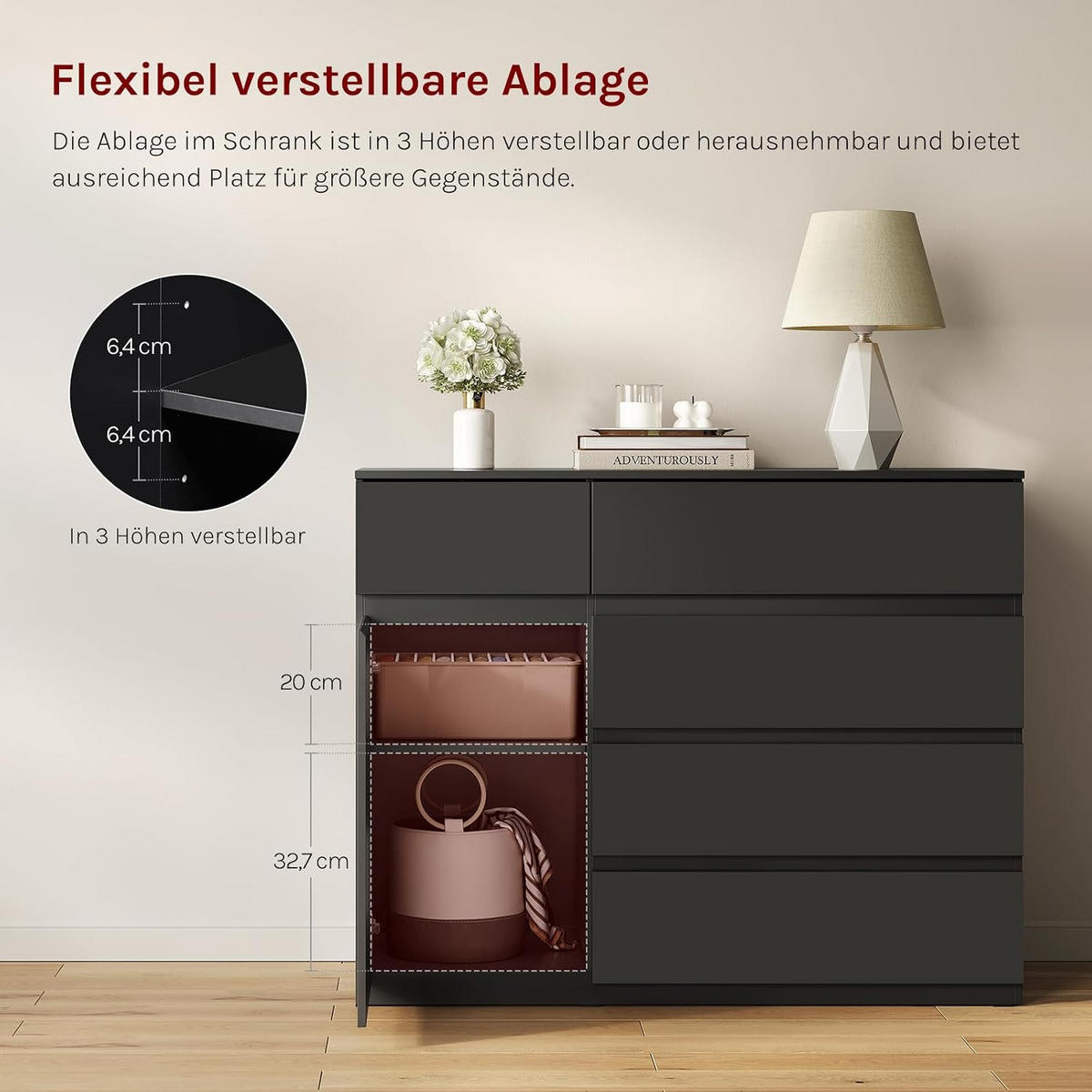 KOMMODE 5 Schubladen 100B x 40T x 80H cm Schwarz - Schwarz, Holzwerkstoff (100/80/40cm) - Woltu