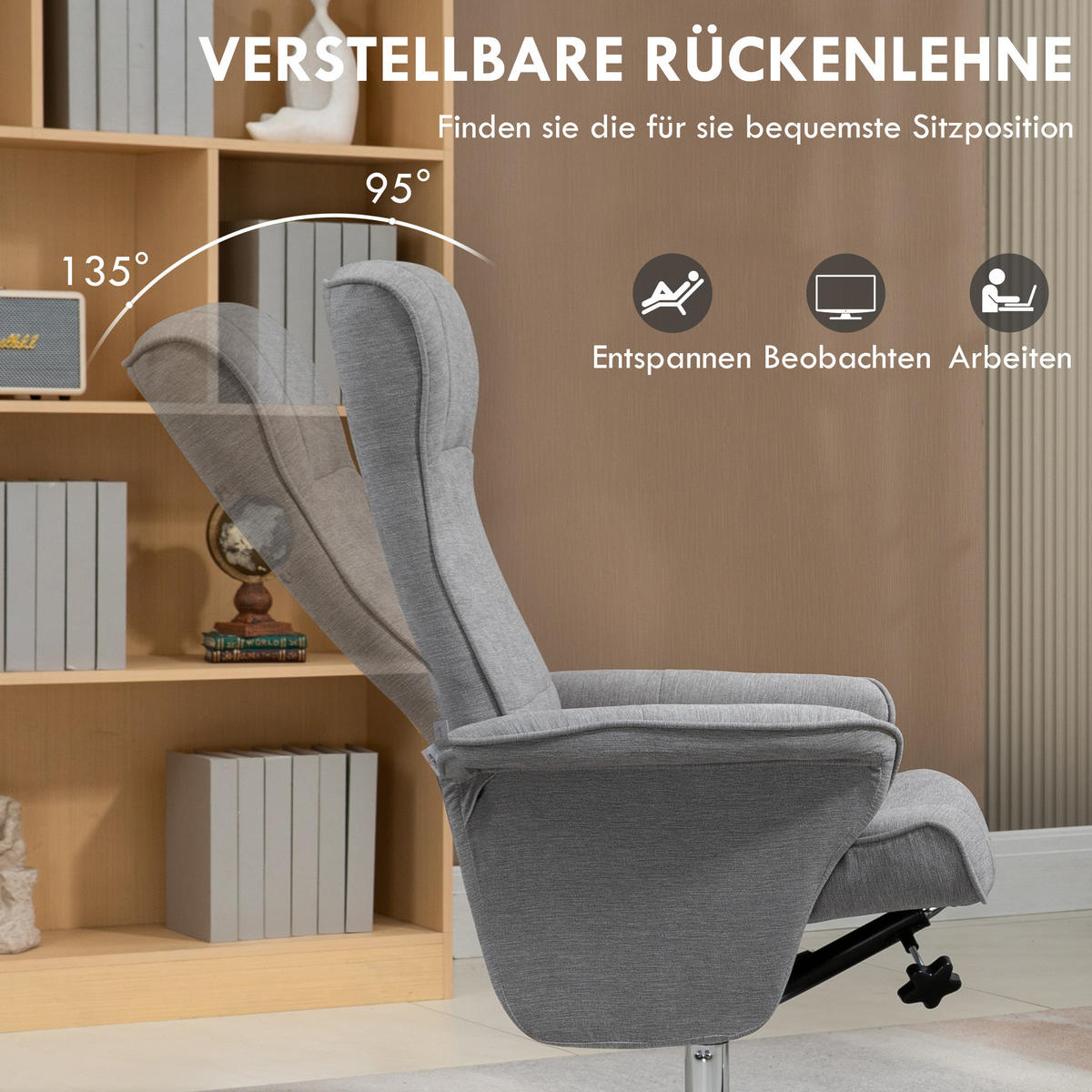 RELAXSESSEL mit Fußhocker 360°drehbarer Fernsehsessel bis 150 kg Samt Grau - Chromfarben/Grau, Textil/Metall (71/104/69cm) - HOMCOM