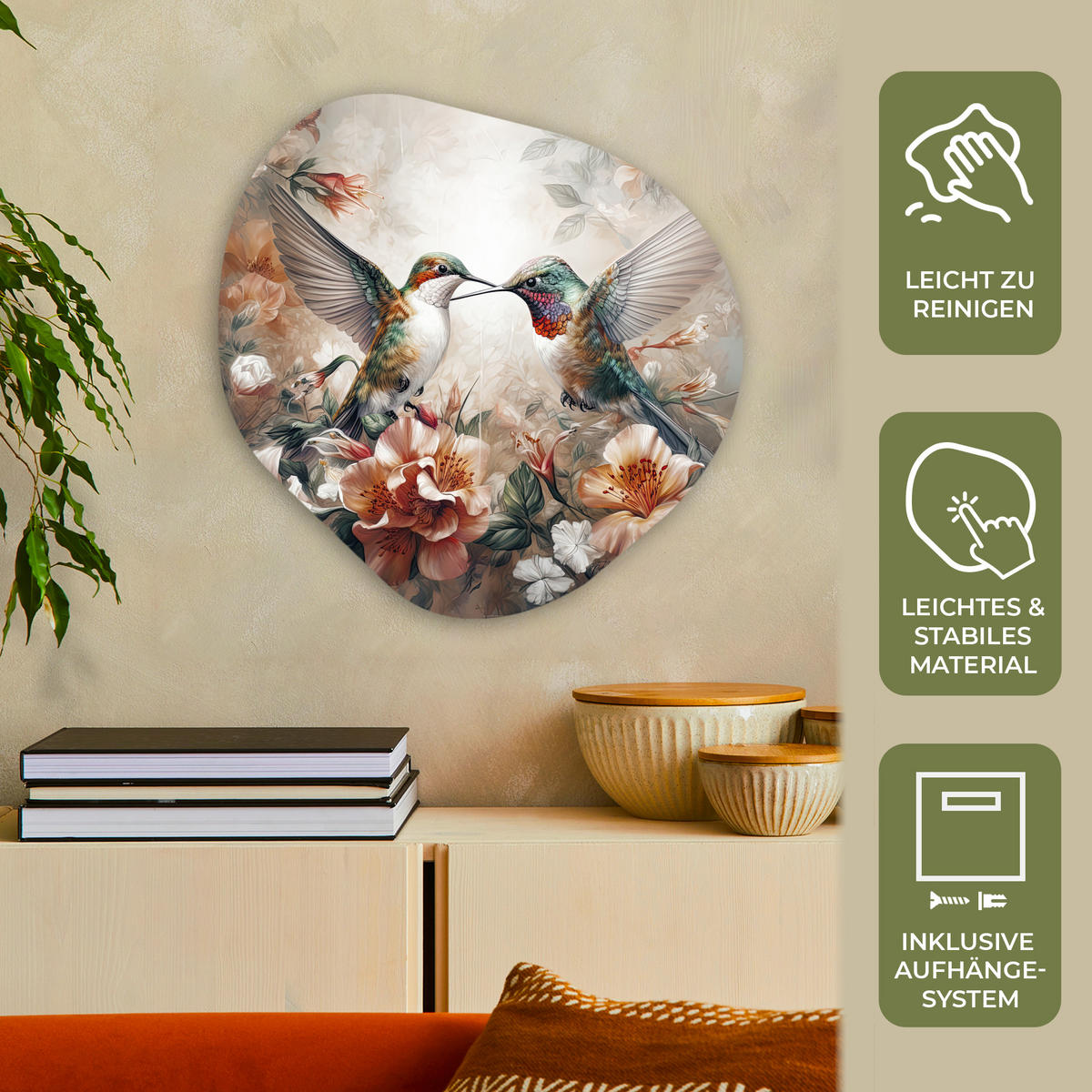 WANDBILD Kolibri - Vögel - Blumen - Natur 60x60 cm - Altrosa, Kunststoff (60/60cm) - MuchoWow