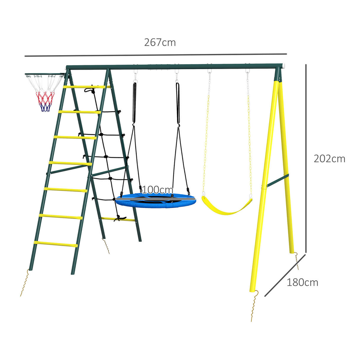 KINDERSCHAUKEL, Stahl, Kunststoff, Gelb+Grün - Gelb, Metall (180/267cm) - Outsunny