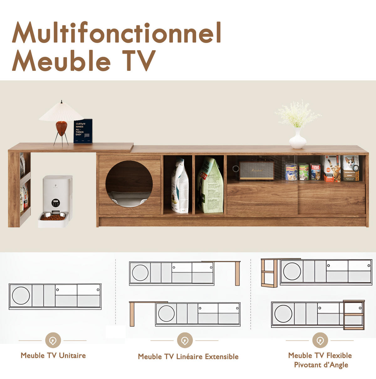 TV-SCHRANK aus MDF und Glas 180x40x50 cm Nussbaum drehbar, ausziehbar mit Katzenruhebereich - Walnussfarben, Holzwerkstoff (180/50/40cm) - Modfu