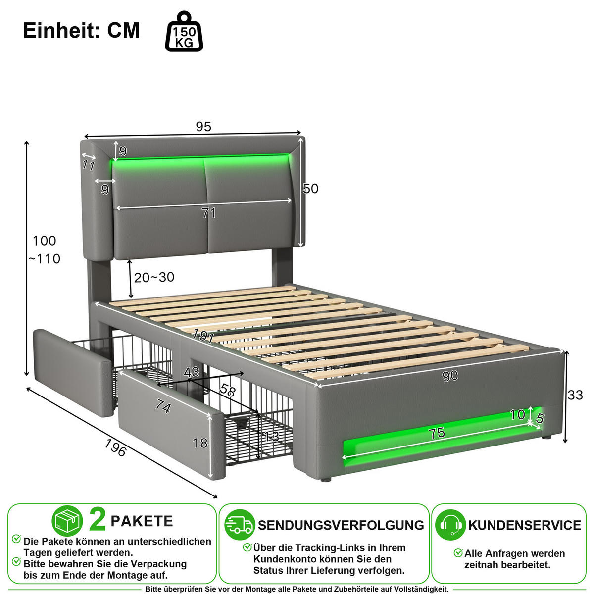 POLSTERBETT 90/190 cm in Grau mit 4 Schubladen, LED und USB Kunstleder - Grau, Holzwerkstoff/Textil (90/190cm) - CHICFURN