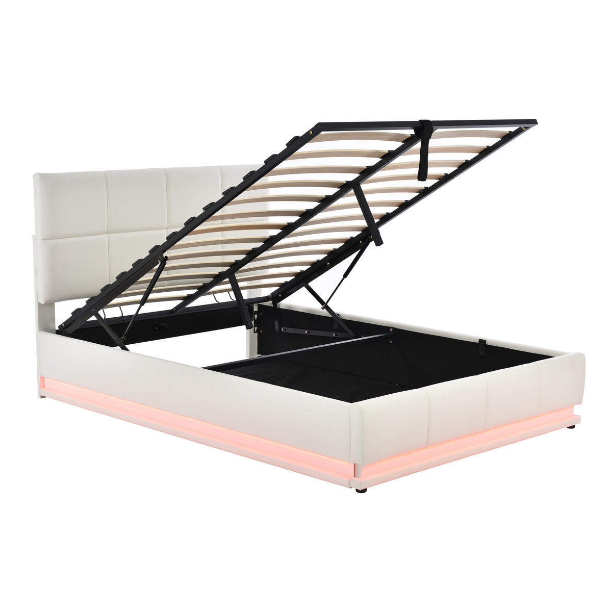 POLSTERBETT 140/200 cm Weiß mit LED-Beleuchtung und hydraulischem Bettkasten - Weiß, Textil (140/200cm) - OKWISH