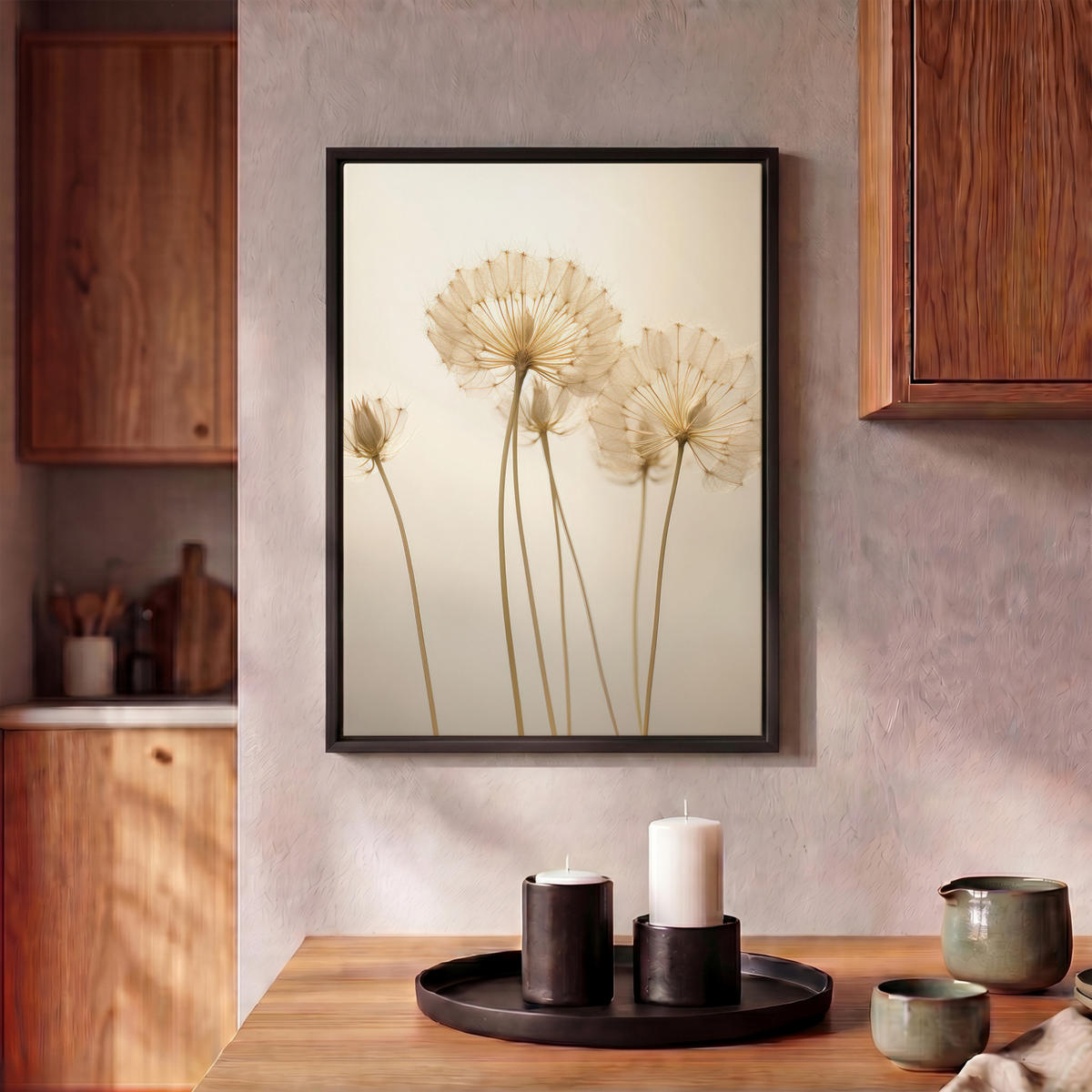 LEINWAND Bilder mit Rahmen - Sonnenlicht - Löwenzahn - Botanisch - Blumen - 30x40 - Creme, Textil (30/40cm) - MuchoWow