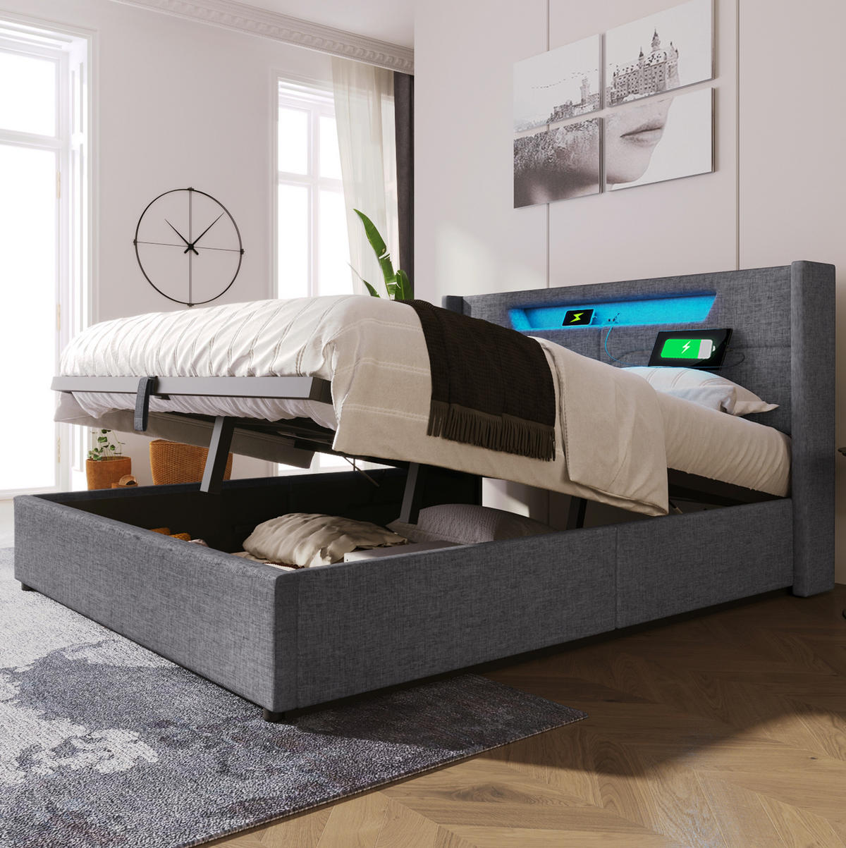 POLSTERBETT mit Matratze, LED und USB 140x200 cm Leinen Grau - Grau, Metall (140/200cm) - Meubliv
