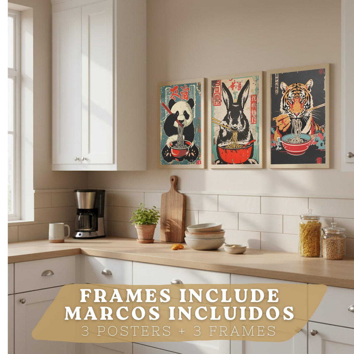 PLAKAT Sada 3 Ramen Animals A3 Lehký dřevěný rám - béžová, papír (29.7/1/42cm) - Nacnic