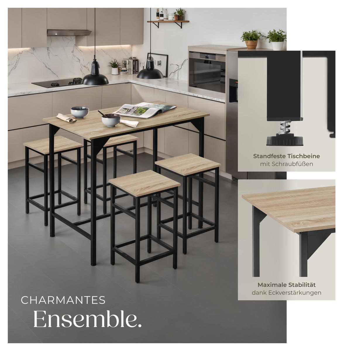 BARTISCH-SET Edinburgh,mit höhenverstellbaren Kunststofffüßen,Industrial Holz hell, Eiche Sonoma - Naturfarben, Holz (124/88.5/100cm) - tectake