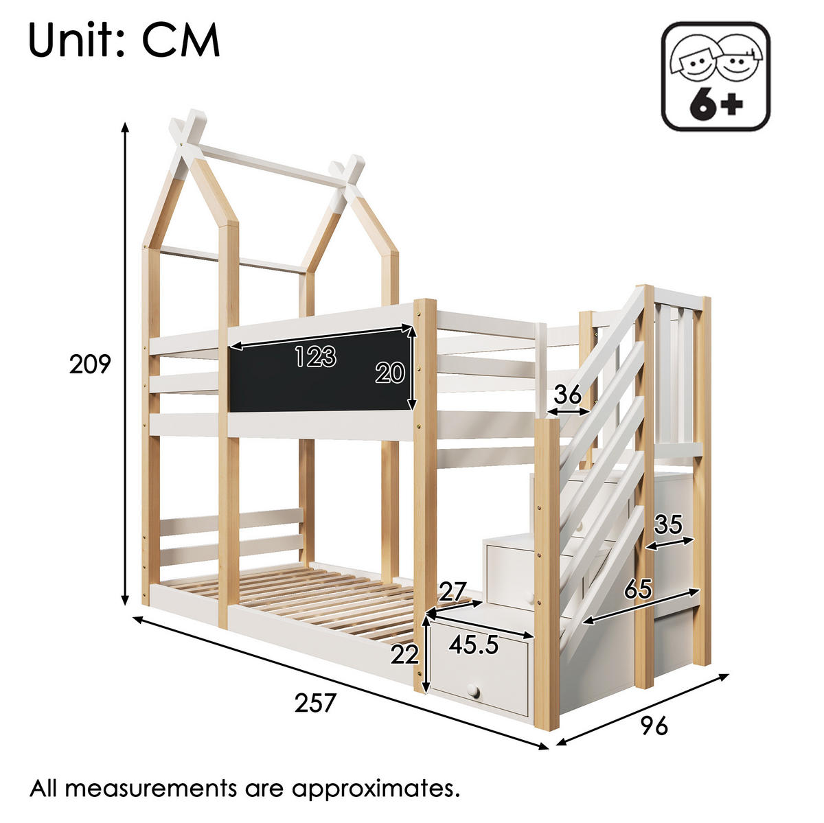 HOCHBETT 90/200 cm in Weiß mit Treppenschrank und Tafel im Baumhaus-Design - Weiß, Holzwerkstoff (90/200cm) - BEAOK