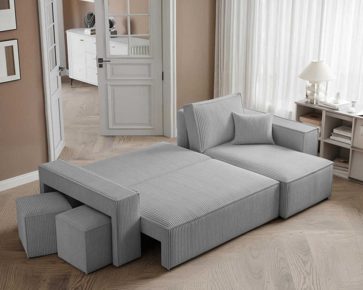 ECKSOFA PARIS mit Schlaffunktion und Bettkasten, Stoff Hellgrau - Hellgrau, Kunststoff/Textil (244/145cm) - Idohome