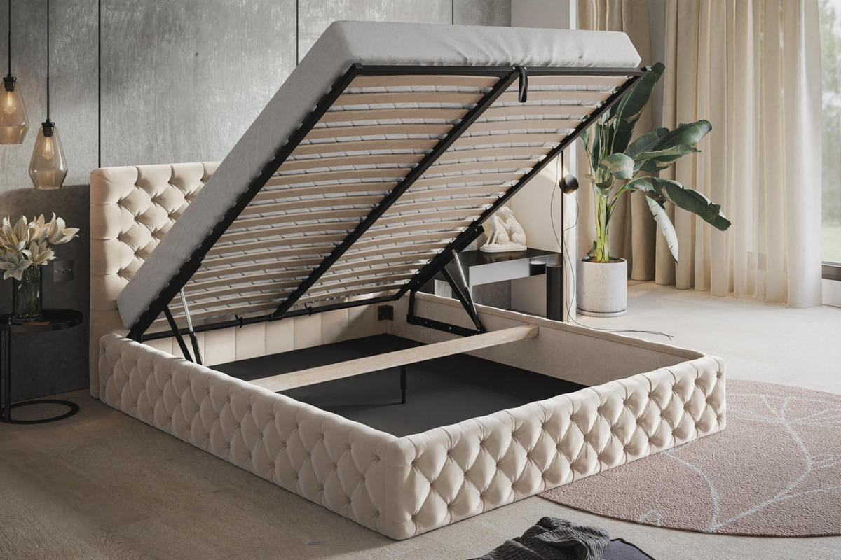 BETT 90x200 - Polsterbett mit Bettkasten und Metallrahmen - Elegant Betten - Weicher Jasminstoff - Kollektion Miami, Beige - Beige, Holz/Textil (90/200cm) - Alpi-Möbel