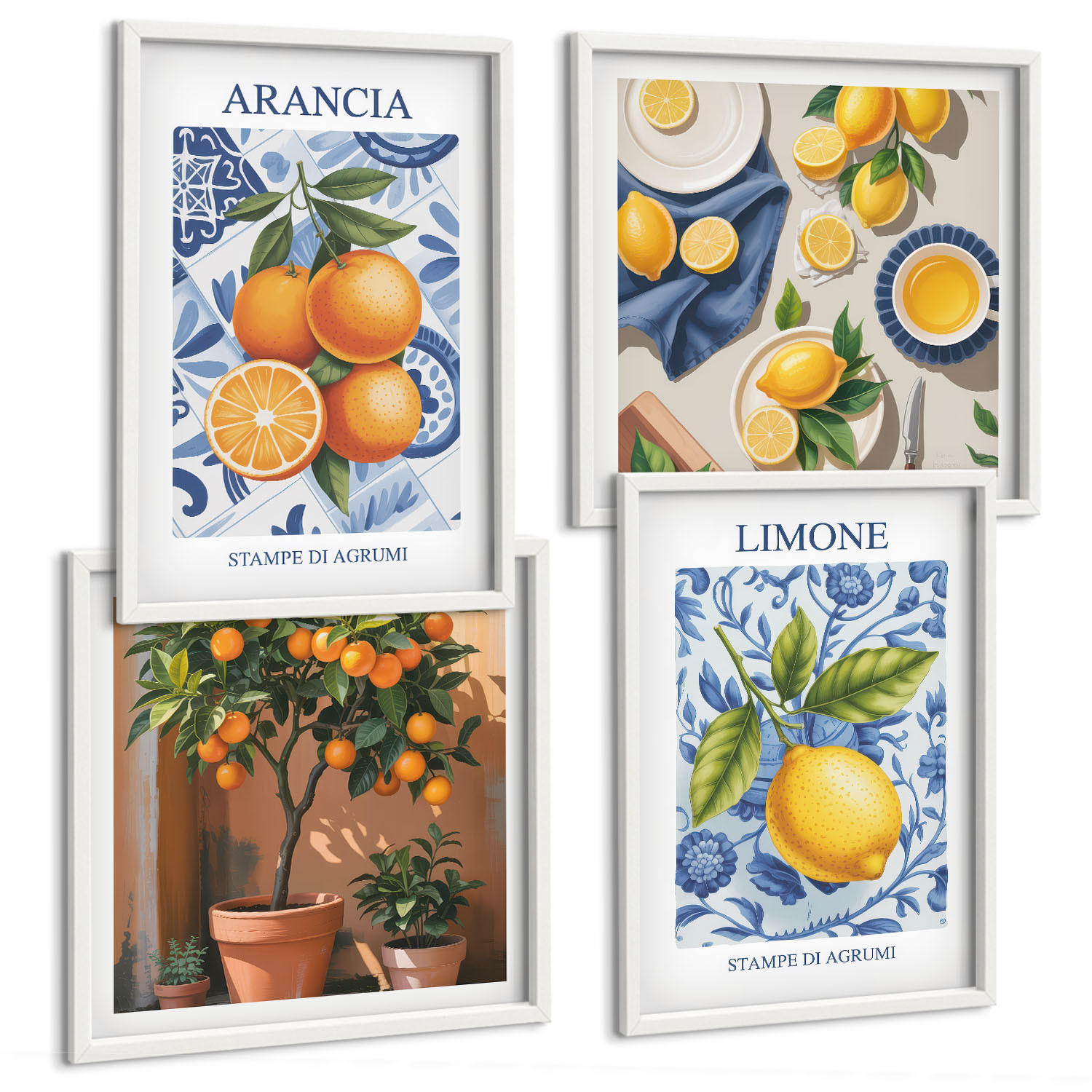 BILDER SET 4er Set - 50x50 cm & 40x60 cm Weißer Rahmen - Illustrationen von Zitrusfrüchten - Weiß, Kunststoff (50/50cm) - TULUP
