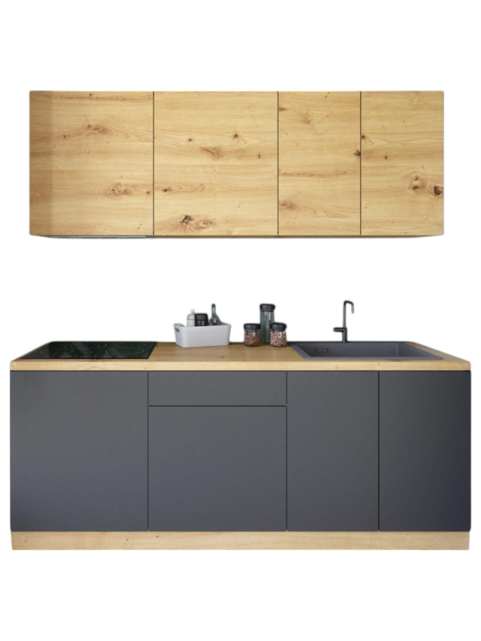 KÜCHENZEILE 200 cm - Nexa K21-G200 - in Grau / Matt - Eiche Artisan/Grau, Holz (200/212/47cm) - ROYAL24_MARKT
