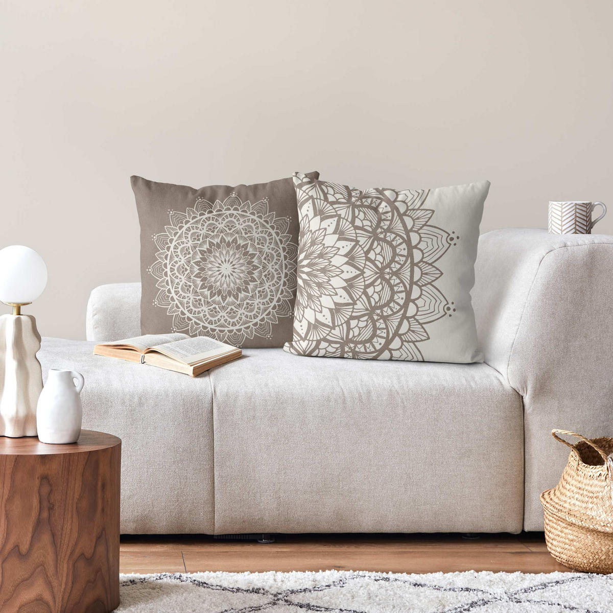 DEKOKISSEN 2er-Set Mandala Illustration shabby Set beige weiß 50/50 cm - Weiß, Textil (50/50cm) - Bilderwelten