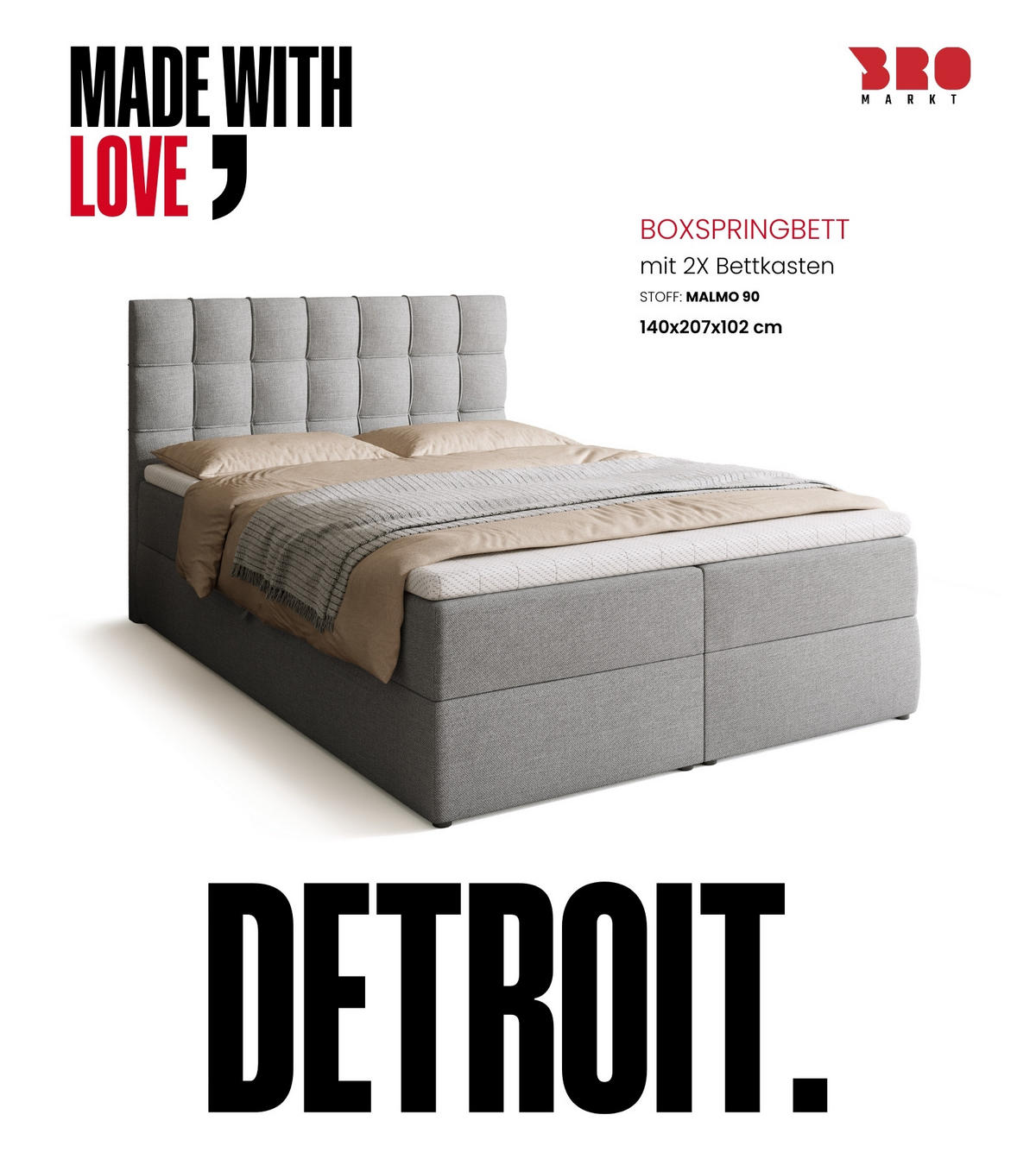 BOXBETT Detroit mit Topper 140/200 Hellgrau - Hellgrau, Holzwerkstoff/Textil (140/200cm) - Bromarkt
