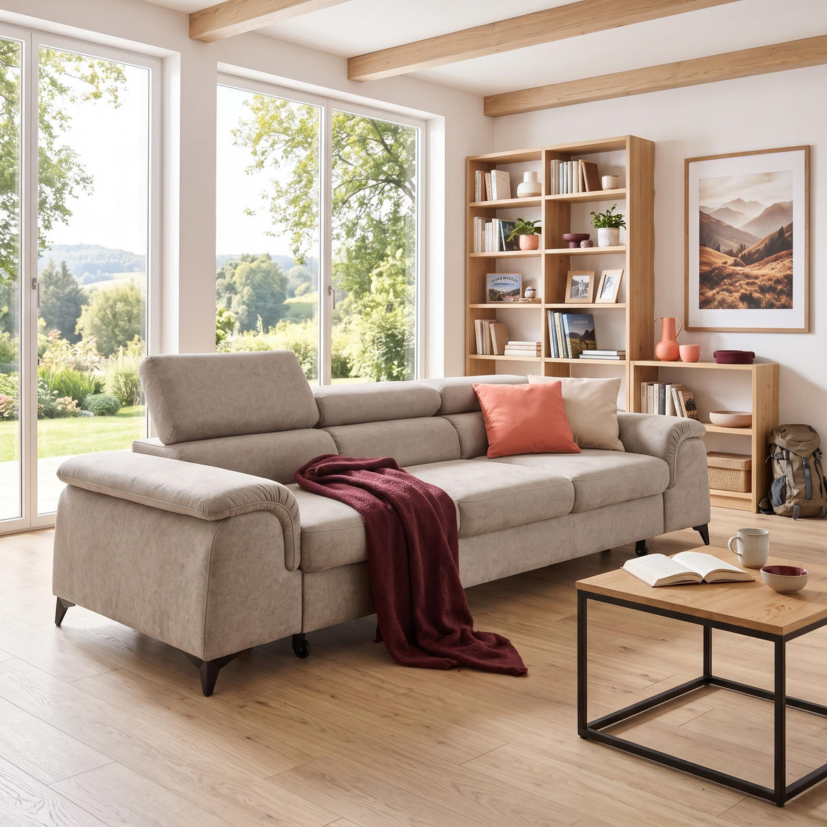 3-SITZER Sofa PLAZA mit Schlaffunktion 127x195 Velours Beige - Beige/Schwarz, Holz/Textil (260/90/100cm) - Muffo