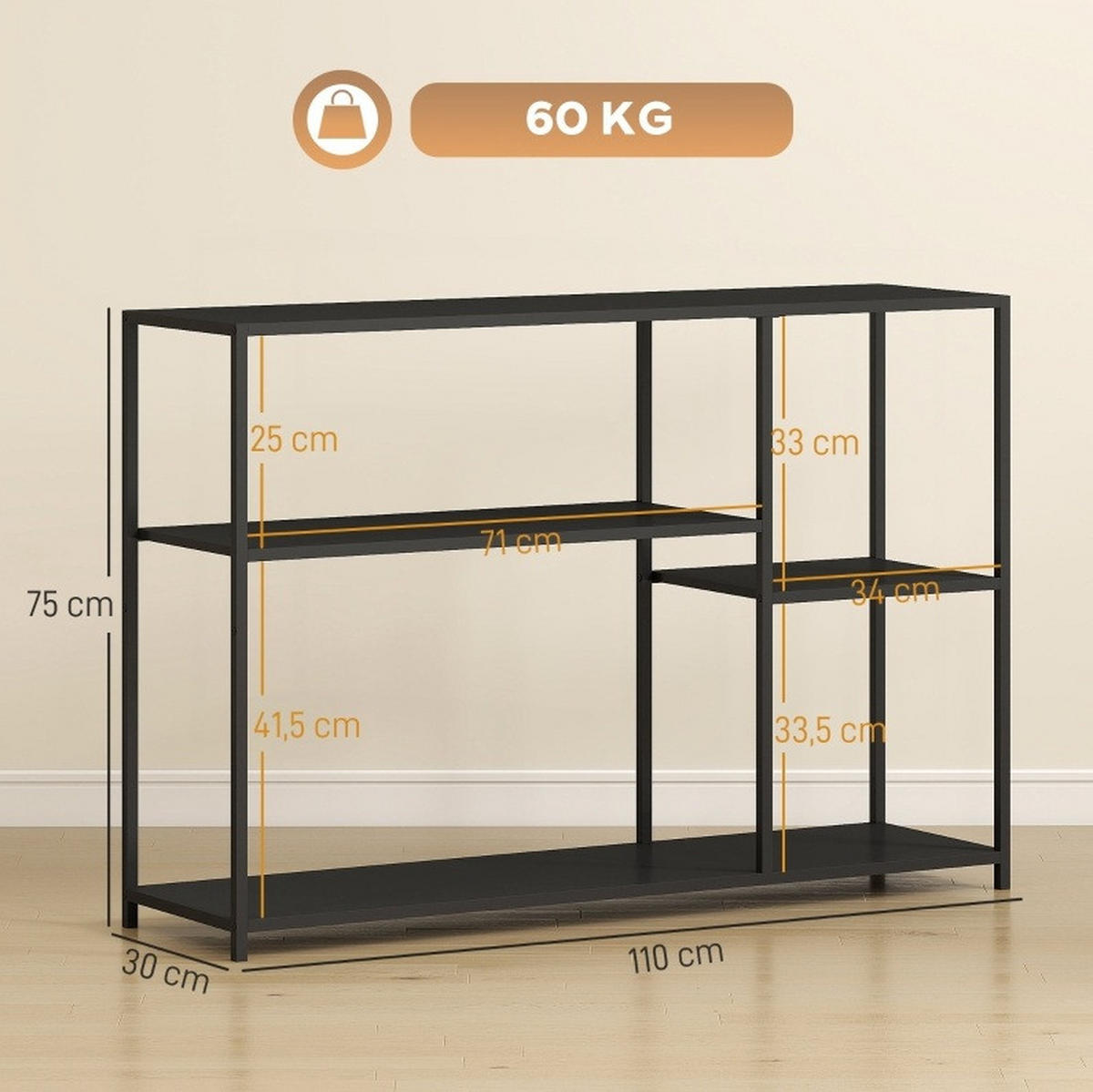 KONSOLENTISCH aus Stahl 110x30x75 cm Schwarz mit 4 Ablagen und Anti-Kipp-Design im Industriedesign - Schwarz, Metall (30/110/75cm) - Modfu