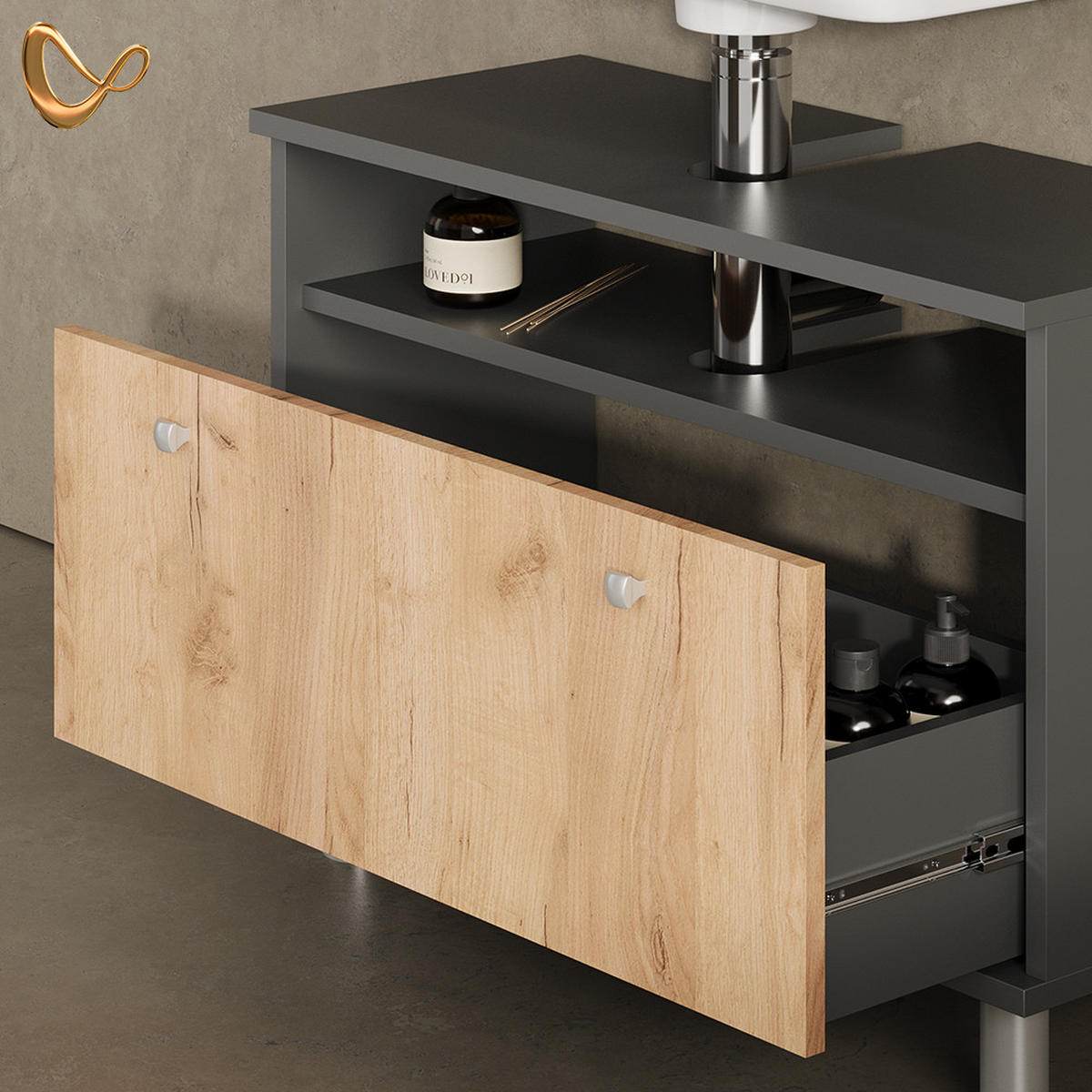 WASCHBECKENUNTERSCHRANK Fucino Anthrazit/Goldkraft Eiche 80.2 x 54 cm mit Schublade - Anthrazit/Eiche Wotan, Holzwerkstoff (80.2/54/32cm) - Livinity®