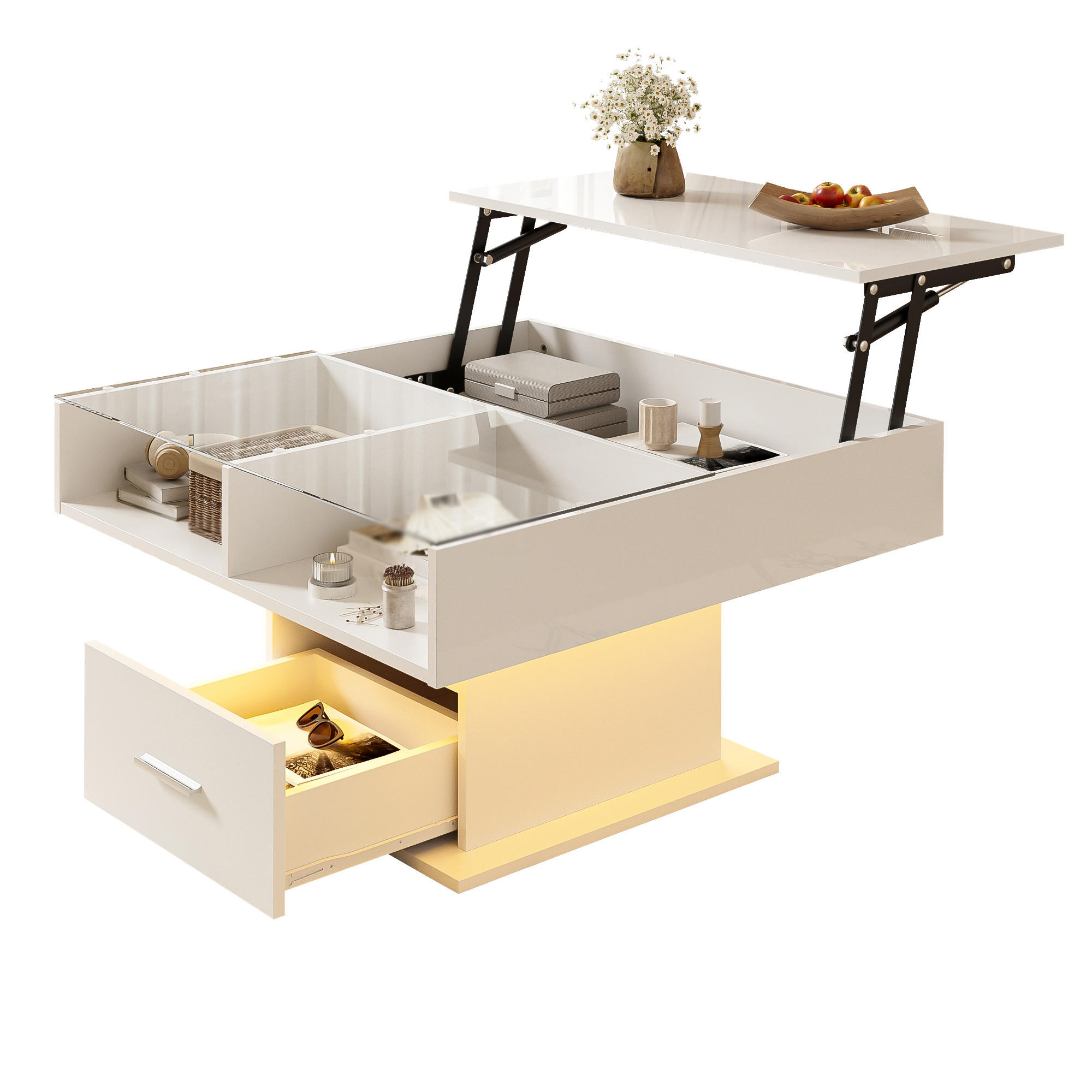 COUCHTISCH in Weiß mit LED und höhenverstellbarer Tischplatte für Wohnzimmer, B78/T78/H45 cm - Weiß, Glas/Holzwerkstoff (78/78/45.5cm) - STILVORA