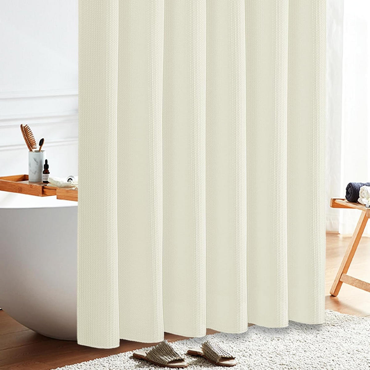 DUSCHVORHANG – 180 x 200 cm (inkl. 12 Kunststoffhaken) – Beige - Beige, Textil (180/200cm)