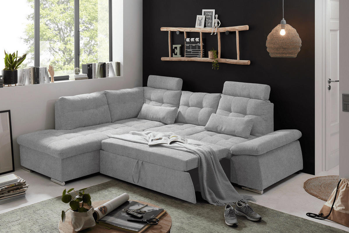 ECKSOFA mit Schlaffunktion, verstellbare Armlehne und Kopfstützen - Chromfarben/Hellgrau, Textil (260/219cm) - ed exciting design