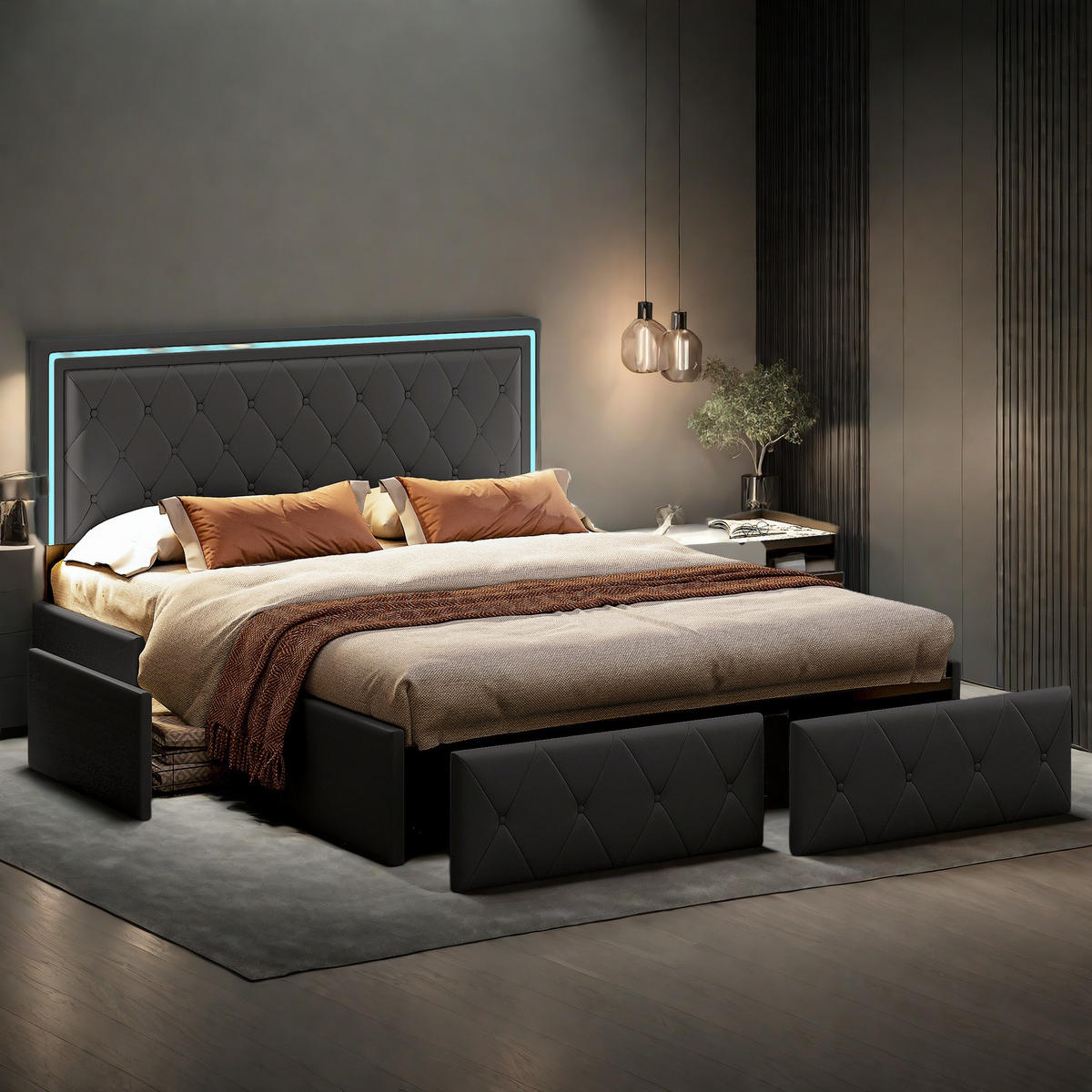 POLSTERBETT 160x200 cm Grau PU LED 4 Schubladen - Grau, Metall (160/200cm) - SHOPENTRA