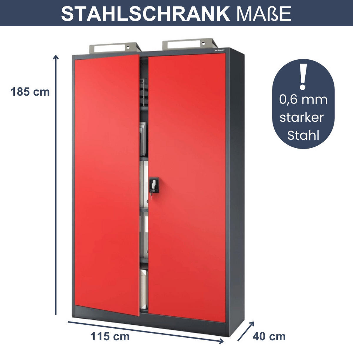 AKTENSCHRANK abschließbar KADO mit Flügeltüren 185x115x40cm Anthrazit-Rot - Anthrazit, Metall (115/185/40cm) - DELUKE