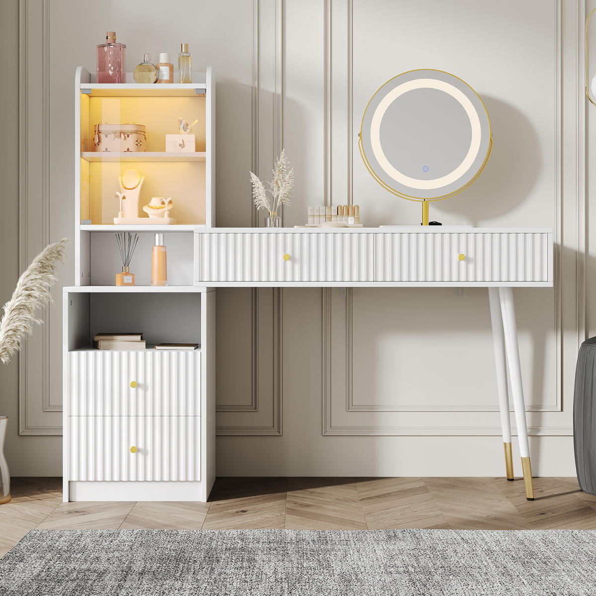 SCHMINKTISCH Weiß LED Spiegel 4 Schubladen 100x40x125cm - Weiß, Holzwerkstoff (40/125/100cm) - FLIEKS