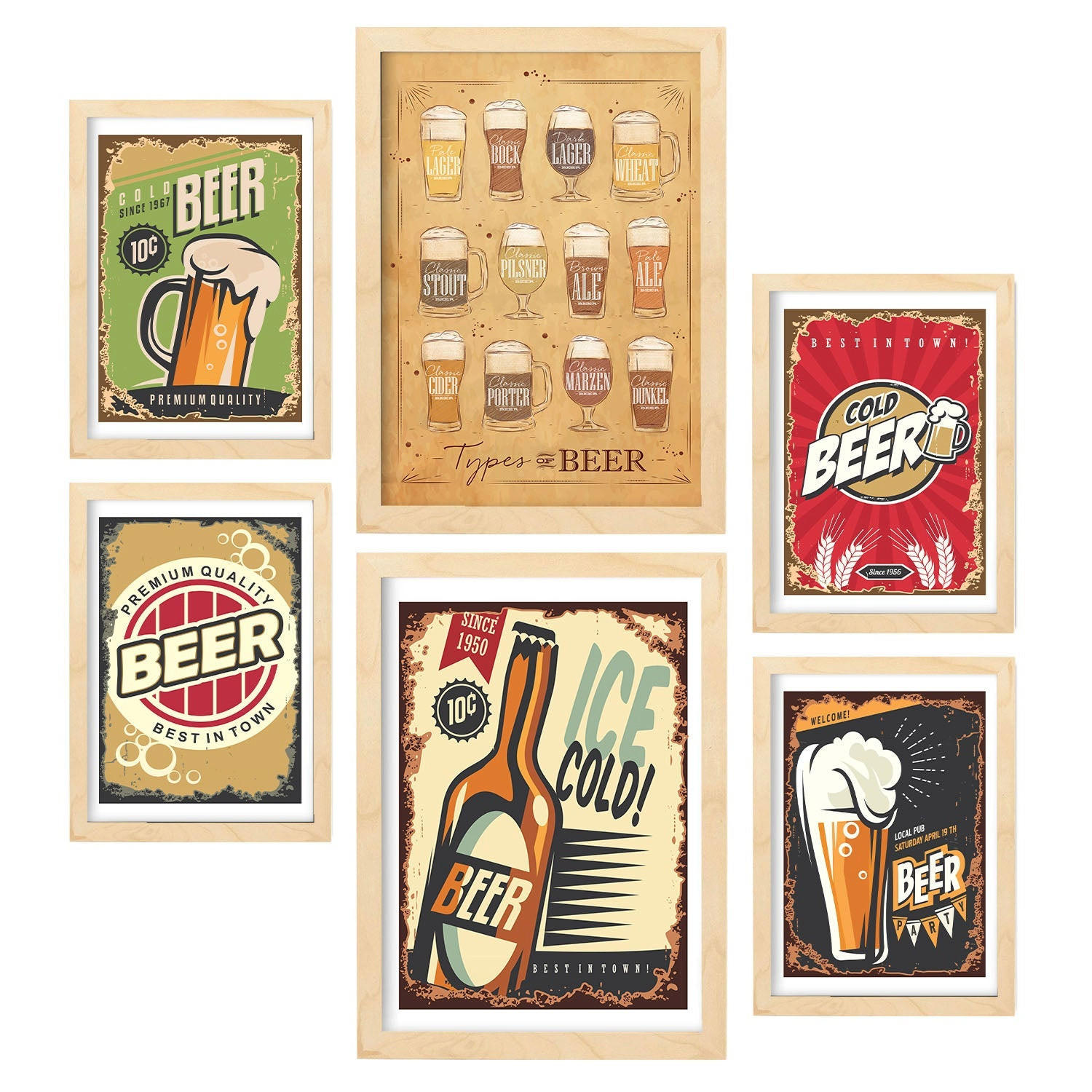 POSTER Set Mit 6 Bier Schilder Vollfarbige Illustrationen Von Kaffee & Getränken Im Werbetafel Illustrationen A3 & A4 Rahmen Aus Hellem Holz - Beige, Papier (29/3cm) - Nacnic