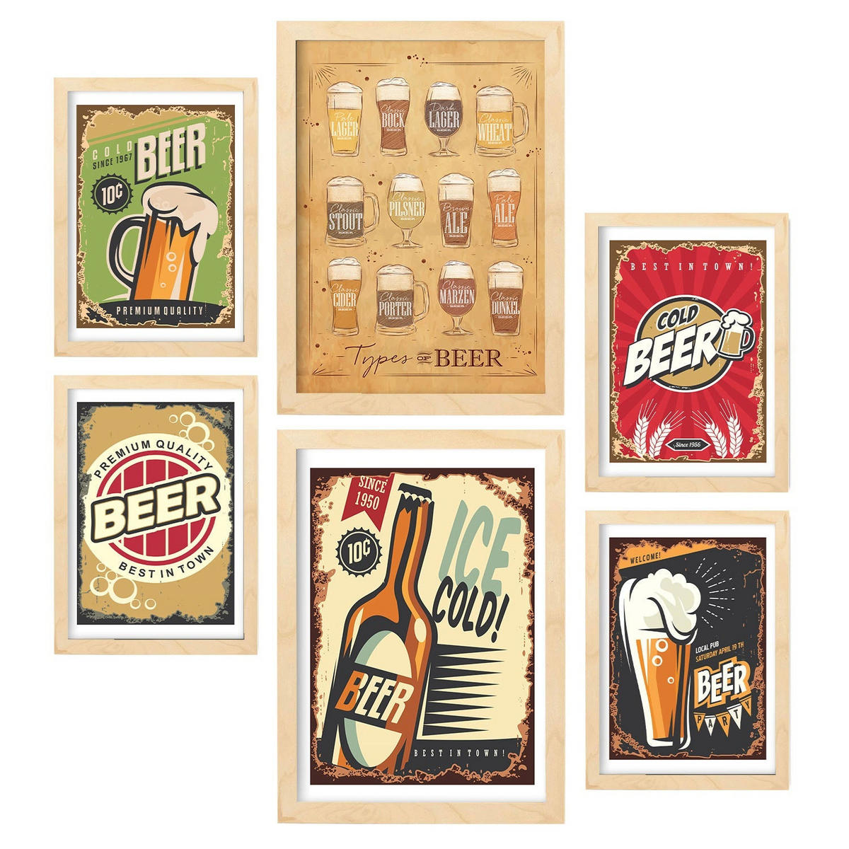 POSTER Set Mit 6 Bier Schilder Vollfarbige Illustrationen Von Kaffee & Getränken Im Werbetafel Illustrationen A3 & A4 Rahmen Aus Hellem Holz - Beige, Papier (29/3cm) - Nacnic