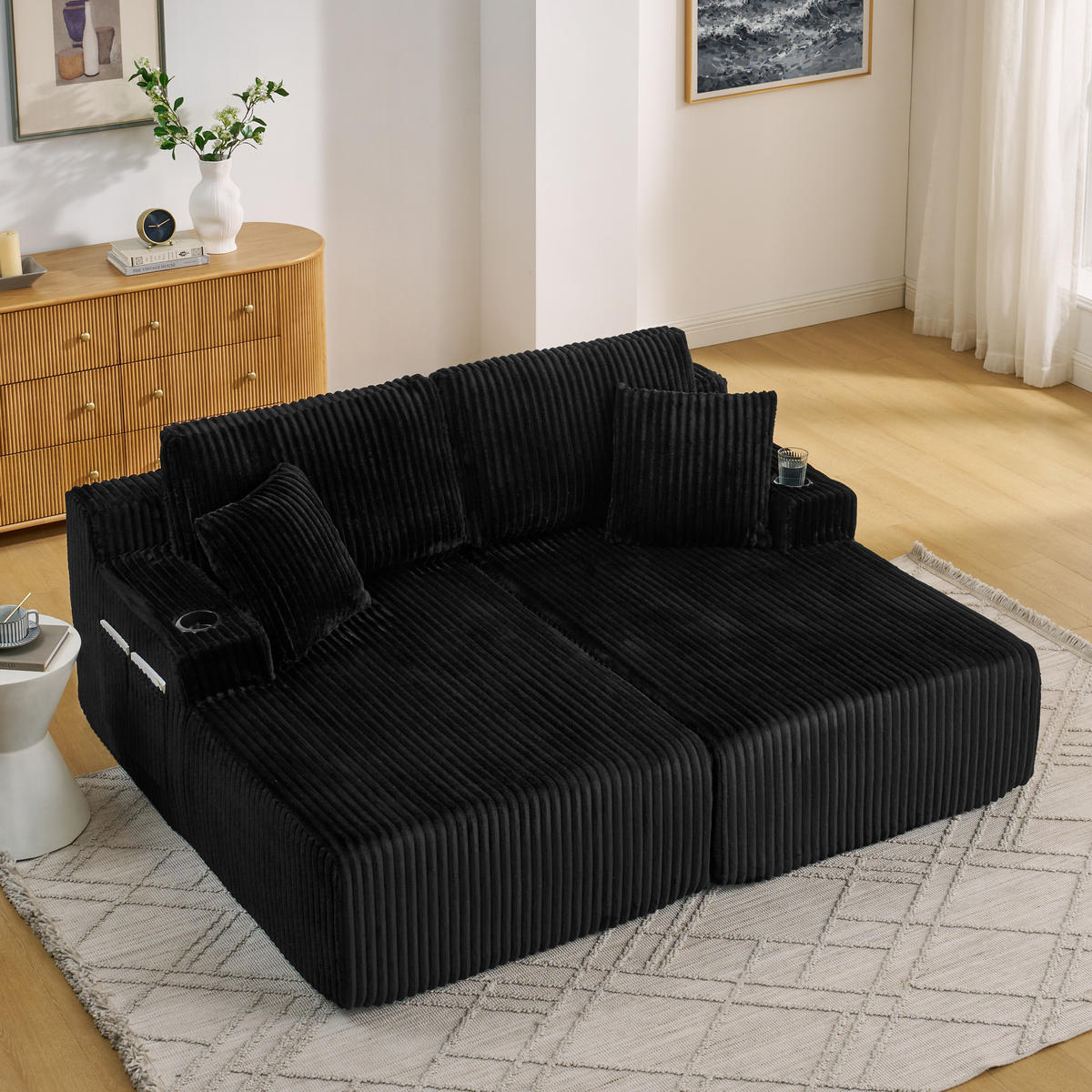 SCHLAFSOFA 186/154/78 cm Schwarz Cord mit seitlicher Magazintasche und Getränkehalter - Schwarz, Textil (186/78/154cm) - Oxeza