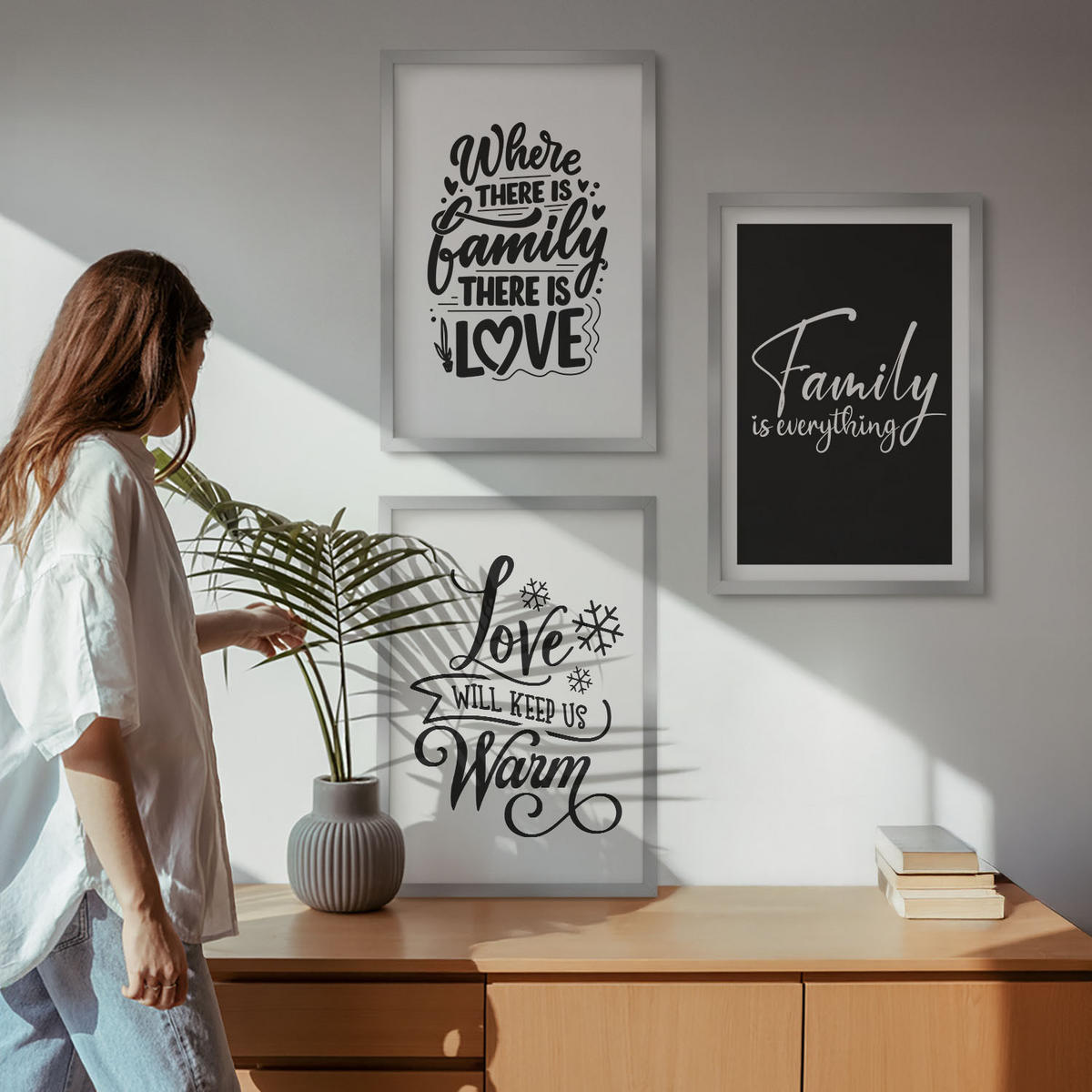 BILDER SET 3er Set - 40x60 cm Silberner Rahmen - Familie, Liebe, Wärme, Zuhause - Silberfarben, Kunststoff (40/60cm) - TULUP