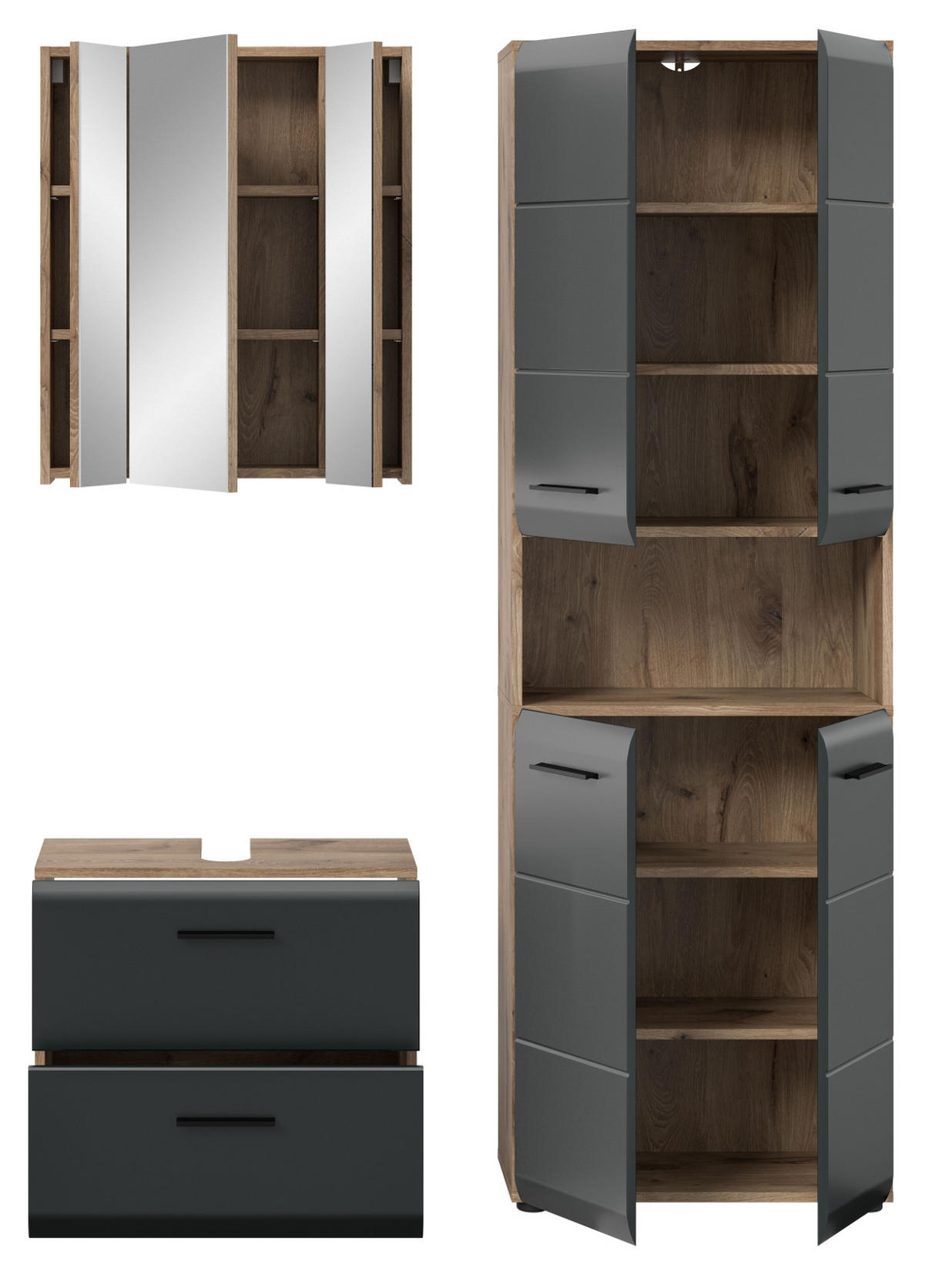 BADMÖBEL-SET 3-teilig schwarz matt, Eiche Nox, Badkombination mit Hochschrank 135 cm - Eichefarben/Schwarz, Glas/Holzwerkstoff (135/185/30cm) - Inn.Furn