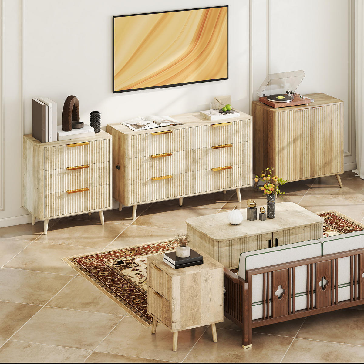 SIDEBOARD DE-11166 Wellen-Design, verstellbare Böden Holzoptik - Eichefarben, Holzwerkstoff (77/81/40cm) - ComfortXL