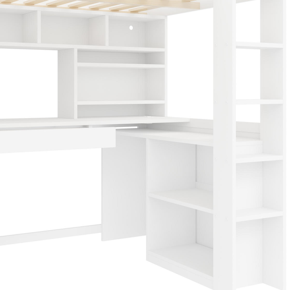 HOCHBETT 90/200 cm in Weiß mit Schublade, Regalböden, Kleiderschrank, Schreibtisch, LED und USB aus Kiefernholz und MDF - Weiß, Holzwerkstoff (90/200cm) - STILVORA