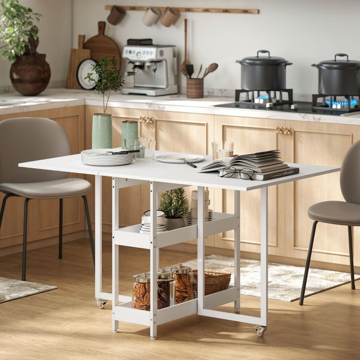 KLAPPTISCH 133,4/80/75 cm in Weiß – platzsparend mit Ablagen und Rollen - Weiß, Holz (133.4/80/75cm) - BEAOK