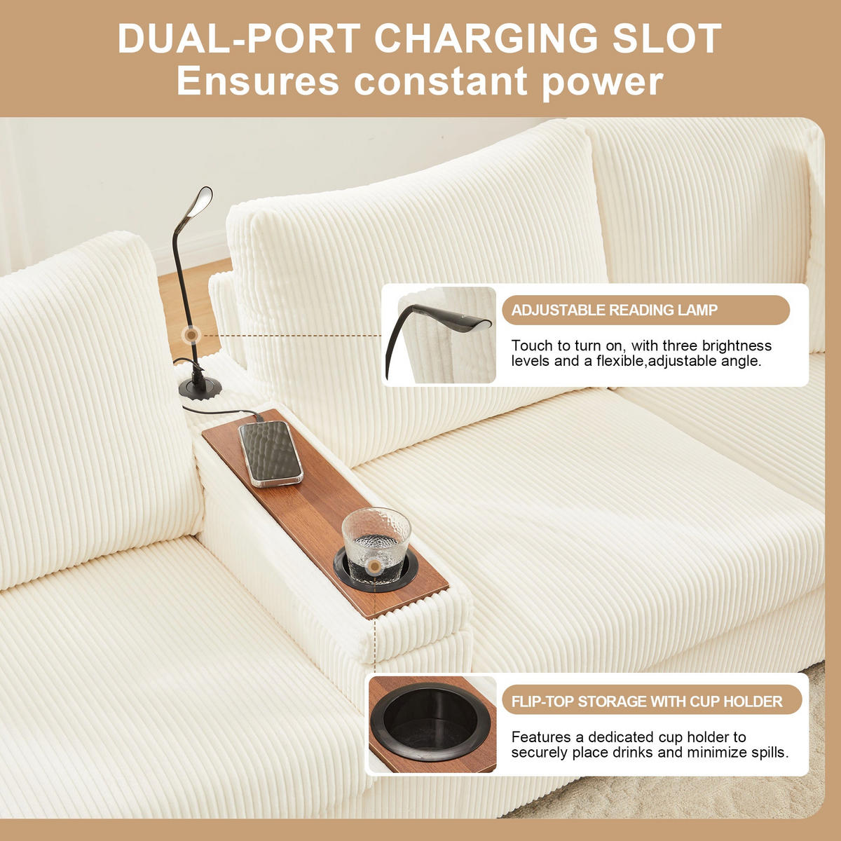 ECKSOFA aus Cord in Beige mit LED Beleuchtung & smarten USB-Anschlüssen - Beige, Textil (128/334cm) - Urban Meuble