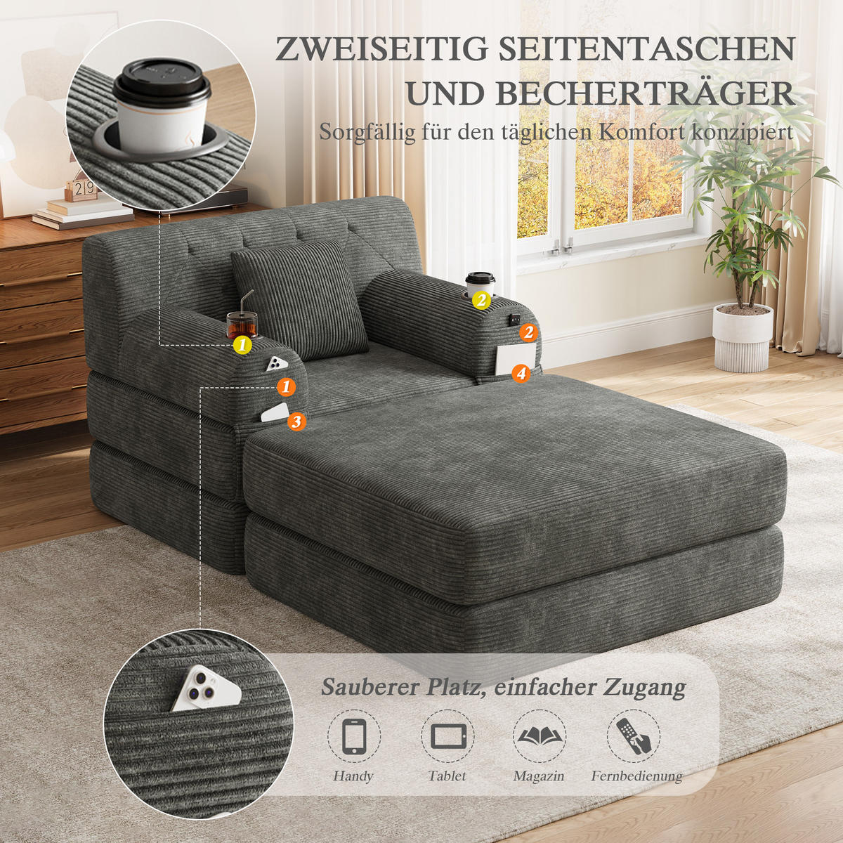 SCHLAFSOFA mit Hocker und Liegefunktion aus Cord in Dunkelgrau - Dunkelgrau, Textil (191/60/162cm) - EVRYAE