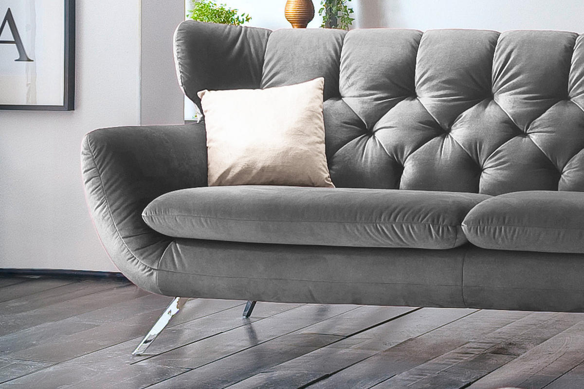 SOFA CHARME Grau Velvet - Silberfarben/Grau, Textil/Metall (225/94/95cm) - KAWOLA