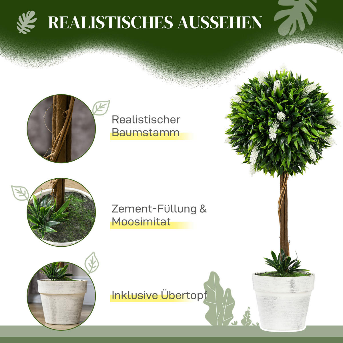 KUNSTPFLANZE Lavendel 2er-Set Künstliche Pflanzen 60 cm Zimmerpflanze Weiß - Weiß/Braun, Kunststoff (60cm) - HOMCOM