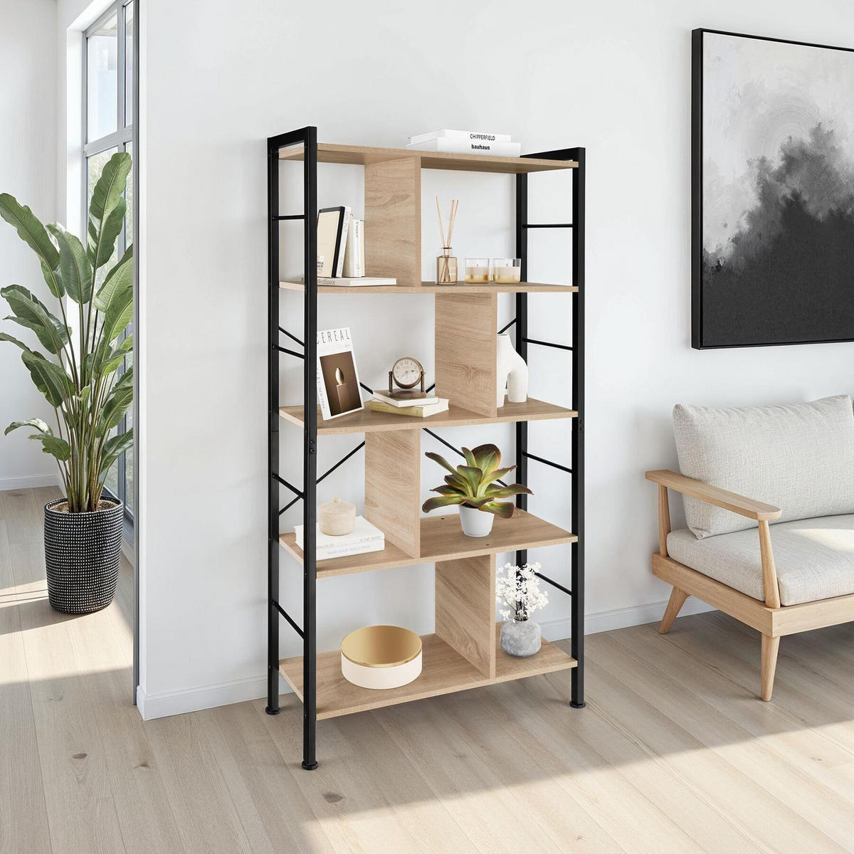 REGAL Charleston,inklusive Kippschutz, 75,5 x 30 x 155 cm,Industrial Holz hell, Eiche Sonoma - Naturfarben, Holzwerkstoff (30/155/75.5cm) - tectake